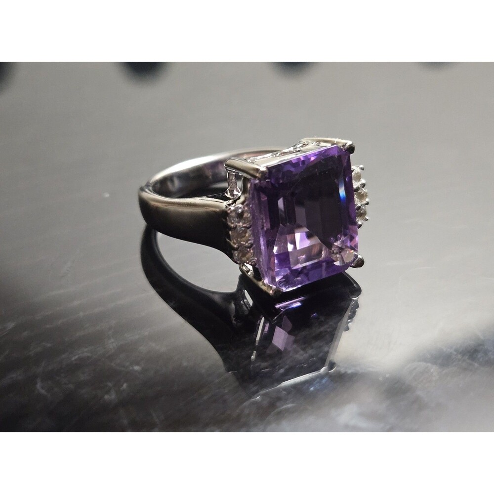 5.94 CTW Amethyst Ring, Large Emerald Cut Purple Gemstone Sterling Silver Size 5 - Picture 2 of 16